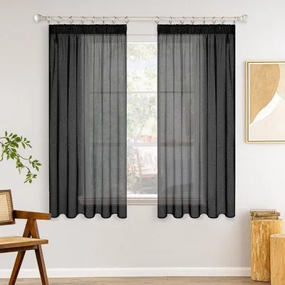 Immagine prodotto di Ibenzoa® Tende con passamaneria, set da 2 – tende trasparenti in voile per soggiorno e camera da letto, colore nero, 140 x 145 cm, 100% poliestere