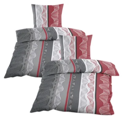 Produktbild von Seersucker Bettwäsche 4 tlg. 135 x 200 mit Reißverschluss Bettgarnitur Sommerbettwäsche Grau Rot mit Druckmuster