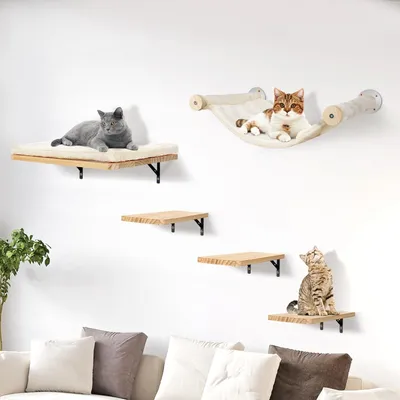 Produktbild von Katzenkletterwandset mit Hängematte - 5-teiliges Set - massives Holz