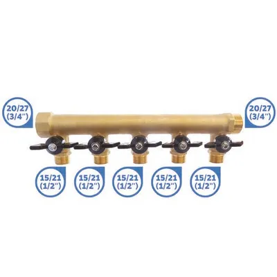 Produktbild von SOMATHERM FOR YOU - Messingverteiler mit integriertem Mini-Ventile - 5 Abfahrten Male 15/21-20/27 Female Input - Output Buck 20/27