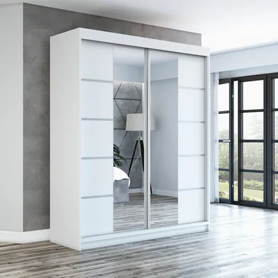 A white sliding door wardrobe with mirrored doors is shown in a room with a gray wall and wooden floor.