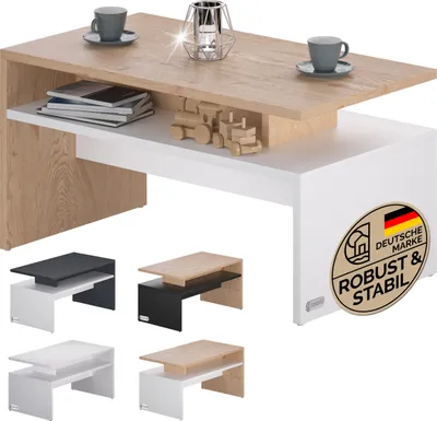 Produktbild von CASARIA Couchtisch, Holz, Weiß Eiche, 95x55x50cm, Modern, Stauraum, Kratzfest, 50kg Belastbarkeit, Melaminharzbeschichtung, bodenschonende Kunststofffüße