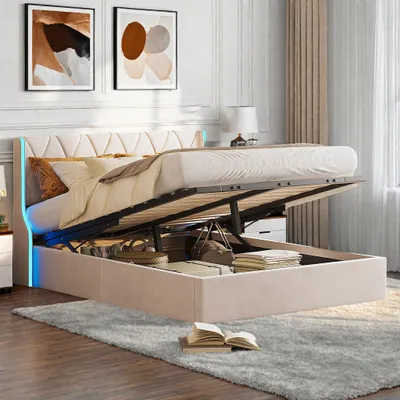 Image de Fortuna Lai Lit rembourré 140x190 cm, lit rembourré avec LED, lit double avec espace de rangement et sommier à lattes, en velours beige
