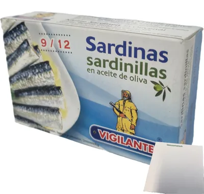 Produktbild von Vigilante "Kleine Sardinen in Olivenöl" Sardinas en aceite de oliva (120g Dose) + usy Block