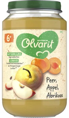 Imagen del producto de Olvarit Peer Papilla para bebés con manzana y albaricoque 6+ meses 200 g, sin azúcar, rica en nutrientes