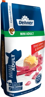 Produktbild von Dehner Premium Hundefutter, Trockenfutter getreidefrei, für ausgewachsene Hunde kleiner Rassen, Rind / Lamm / Kartoffel, 8 kg