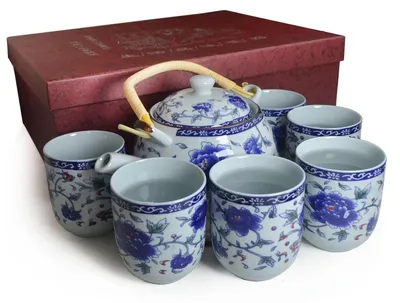 Obrázok produktu pre Porcelánová čajová kanvica s 6 šálkami, objem 887 ml, keramika, darčeková súprava