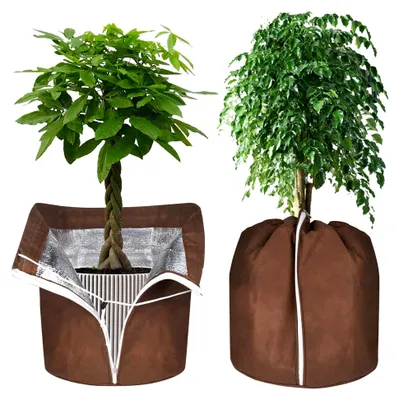 Produktbild von 2 Stück Topfschutz für Pflanzen im Winter, 40 x 40 cm Thermo Topfschutz mit Reißverschluss und Kordelzug, Winterschutz für Kübelpflanzen zur Wärmespeicherung der Wurzeln