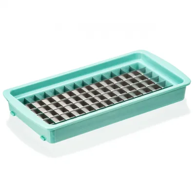 A teal plastic tray with a silver metal grid insert, designed for cutting food into small cubes.