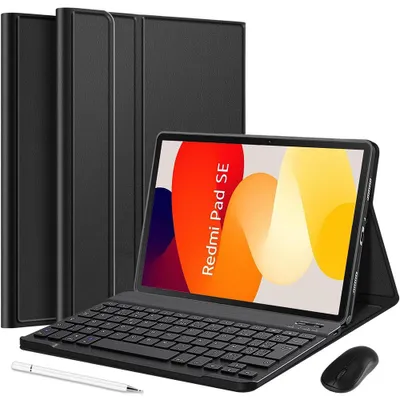 Image de Coque Clavier pour Xiaomi Redmi Pad SE 11 Pouces, Synthécuir Noir avec Clavier + Stylet + Souris