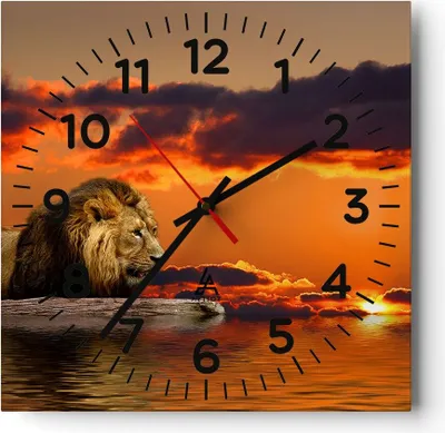 Produktbild von Wanduhr - Quadrat - Glasuhr - Löwe Sonne Landschaft - 40x40cm - Schleichendes Uhrwerk - Lautlos - zum Aufhängen bereit - Dekoration Modern - Wanddekoration aus Glas - C4AC40x40-0230