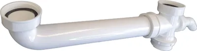 A white plastic plumbing fitting for a sink.