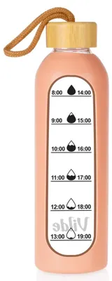 Obrázek produktu pro Vilde | Láhev na pití skleněná 600 ml - s silikonovým obalem - Borosilikátové sklo - Lososová - s časovým značením