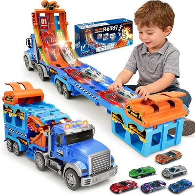 Produktbild von Spiel-Parkgarage Auto transporter Spielzeug, LKW Parkhaus mit Rennbahn