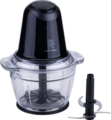 A black and clear food chopper with its blades on a white background.