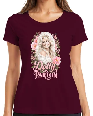 Imagen del producto de Camiseta para mujer con estampado de Dolly Parton, cantante de música country, mariposas, icono de Nashville, color burdeos, talla XL