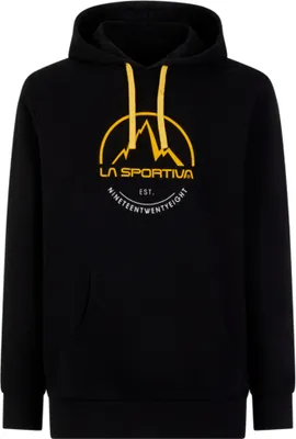 Schwarzer Hoody von La Sportiva mit gelbem Logo und Bergmotiv.