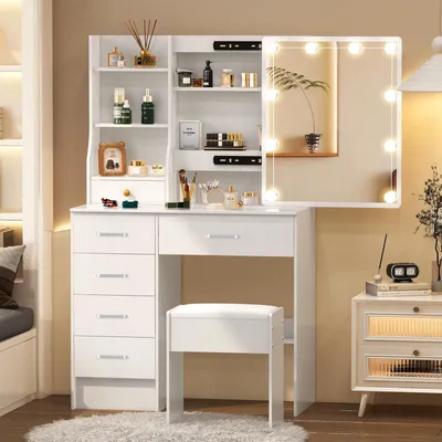 Imagen del producto de Mesa de maquillaje - Mesa de tocador - Espejo con iluminación LED - 6 cajones - 6 estantes - Taburete - Blanco