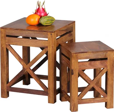 Produktbild von WOHNLING 2er Set Beistelltisch PALI Massiv-Holz Sheesham Wohnzimmer-Tisch Design dunkel-braun Landhaus-Stil Couchtisch