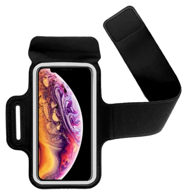 Productafbeelding van INF Zweetbestendige neopreen telefoonarmband voor telefoons van 5,5-6,5 inch — Geschikt voor touchscreen, dubbellaags, verstelbaar klittenband, koptelefoonaansluiting zwart