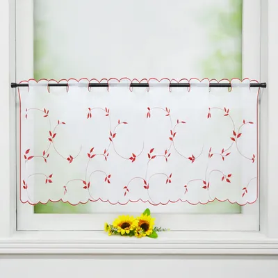 Produktbild von Joyswahl Scheibengardinen Voile Bistrogardine mit Blattstickerei Transparent Bestickte Küche Kurzstores Weiß Rot HxB 60x140 cm