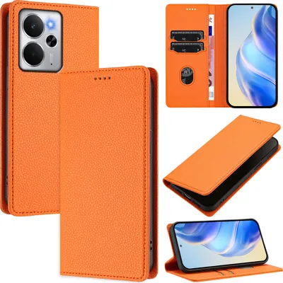 Immagine prodotto di Custodia in pelle per Realme 14, pelle Litschi, custodia a portafoglio con slot per carte e supporto Arancione