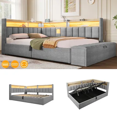 Productafbeelding van Daybed 140 x 200 cm met hydraulische opbergruimte, opbergbank, RGB-ledverlichting, USB-A/USB-C, stopcontact, open vakken en omkeerbaar hoofdeinde, beige/grijs