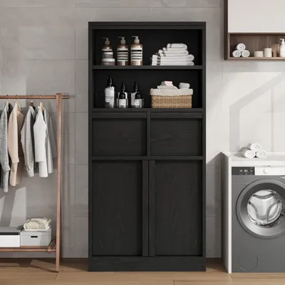 Immagine prodotto di Mobiletto da bagno con 2 ante, 2 cassetti e 2 ripiani, colore nero, dimensioni 60x30x130 cm