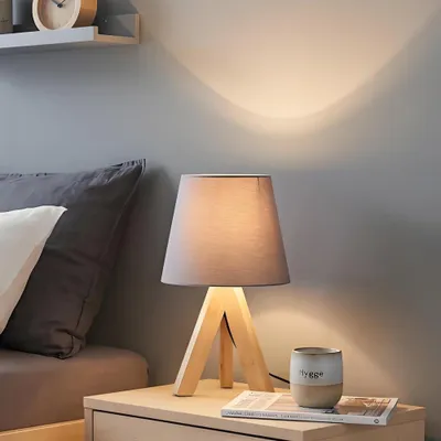 Produktbild von MinteVolt Moderne Nachttischlampe Bambus mit Stoffschirm Hellgrau, Stativ, E14