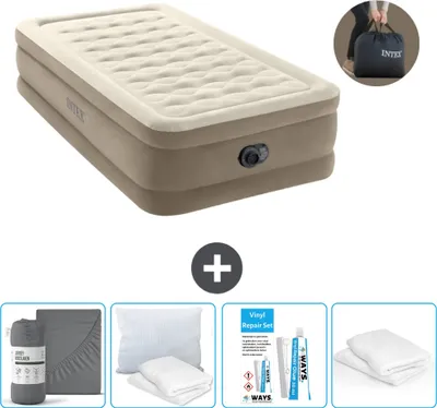 Imagen del producto de Colchón inflable Intex - 1 persona - 99 x 191 x 46 cm - Beige - Incluye bomba - Sábana ajustable - Almohada - Kit de reparación y protector de almohada
