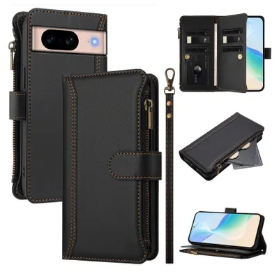 Obrázek produktu pro Pouzdro pro Google Pixel 8A, zipem, peněženkovéPolyuretankožené flip pouzdro s kapsami na karty, stojánkem a poutkem na ruku černý