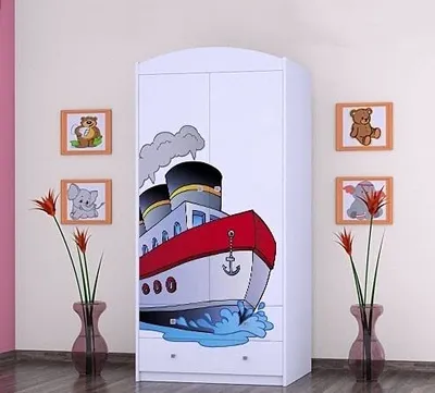 A children's wardrobe with a ship graphic is shown in a room setting, decorated with framed animal pictures and vases with flowers.