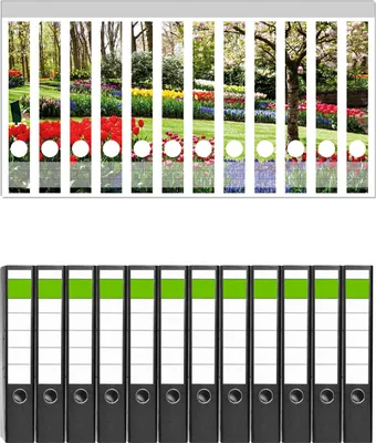 Produktbild von Wallario 12 Stück schmale Ordner inkl. Klebeetiketten mit Motive Bunte Blumen und Kirsch-Baum im Park blühen im Frühling -  Set mit Rückenschildern / Ordnerrücken Stickern