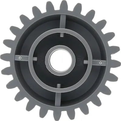 A close-up, front view of a LEGO Technic differential gear.