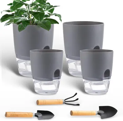 Produktbild von Set von 4 Weißen Kunststoff-Blumentöpfen, Selbstbewässerungssystem, 13,8 cm und 11,3 cm, für Küche