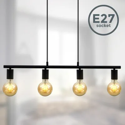 A black linear pendant light fixture with four exposed Edison-style bulbs.