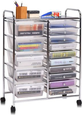 COSTWAY Vozík s 15 stohovateľnými zásuvkami, mobilný kontajner 63x37x87cm, transparentný