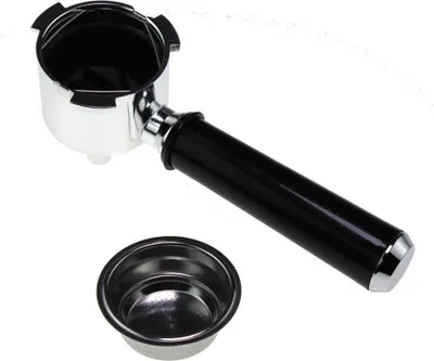 A coffee machine portafilter and a filter basket are shown on a white background.
