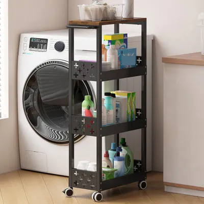 Image de Meuble de niche étroit en métal, meuble de cuisine à 4 étages avec plan de travail, étagère de niche sur roulettes, pour les petits espaces, cuisine, salon, bureau, salle de bains (noir)