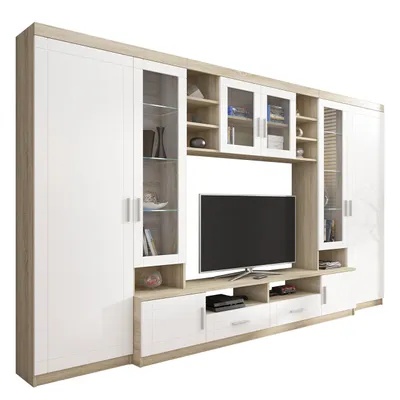 Produktbild von MIRJAN24 Wohnwand Paris, TV-Möbel, Große Anbauwand, Schrankwand, Wohnzimmer-Set (Sonoma Eiche/Weiß, ohne Beleuchtung)