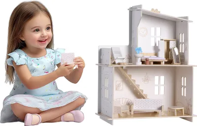Produktbild von Navaris Holz Puppenhaus ab 3 Jahre - Robustes und Stabiles Design - 2 Etagen und Treppe - Dollhouse inkl. Möbel und 3 Accessoires - Puppenstube mit