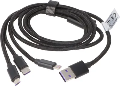 Produktbild von 3IN1 USB Datenkabel passend für USB-C, iPhone, MICRO-USB Kabel 1 Meter SCHWARZ