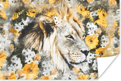 Produktbild von MuchoWow® Poster Löwe - Blumen - Schwarz - Weiß 120x80 cm - Bilder