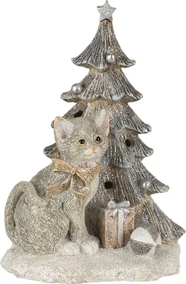 Produktbild von Clayre & Eef Dekoration Katze am Weihnachtsbaum grau 12x9x16 cm LED 6PR4629