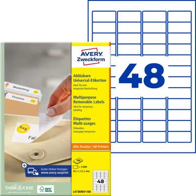 Produktbild von Avery Zweckform L4736REV-100, Universal-Etiketten, ablösbar, A4, 45,7 x 21,2 mm, 4.800 Etiketten / 100 Bögen, weiß