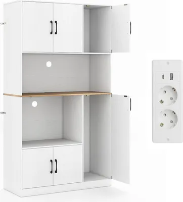 Produktbild von KOMFOTTEU 180 cm Hochschrank mit Steckdose, Küchenschrank mit Türen & Arbeitsplatte, Mehrzweckschrank aus Holz, Buffetschrank für Esszimmer, Küche, Badezimmer, 100 x 40 x 180 cm (Weiß)