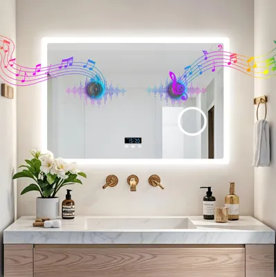 Obrázek produktu pro Zrcadlo do koupelny WISFOR s LED osvětlením, Bluetooth, trojité zvětšení, rozměry 100x70 cm, sklo ESG, proti zamlžování, 3 barvy světla, stmívatelné