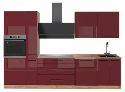 Productafbeelding van Complete keukeneenheid Vicco Fame-Line Bordeauxrode hoogglans/Goudkleurig Eiken 310 cm zonder werkblad, Model 64307