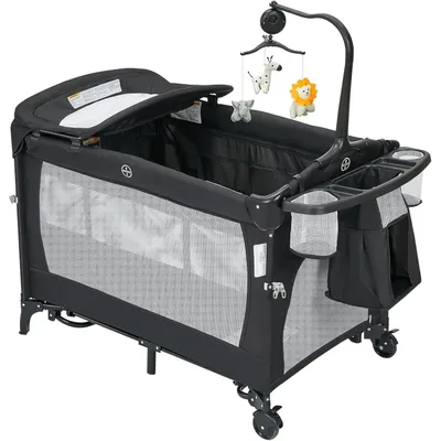 Image de Lit bébé 4 en 1 : lit d'appoint et lit de voyage, parc pour bébé, table à langer avec matelas, sac de rangement, support pour jouets - Noir