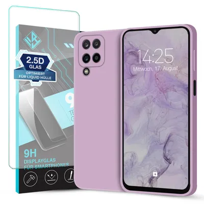 Produktbild von Hülle für Samsung Galaxy A12 mit 9H Displayglas Displayschutz Case Cover Bumper Smartphone Softgrip Schutzhülle Farbe: Lila